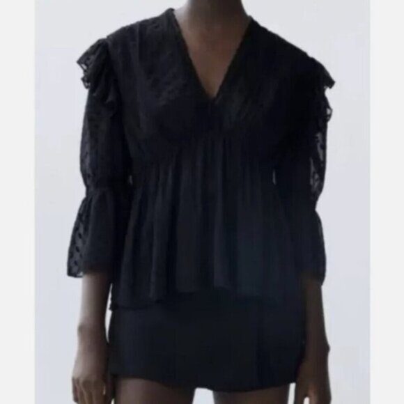 Zara Swiss Dot Ruffled Blouse, Size XS - Picture 1 of 4